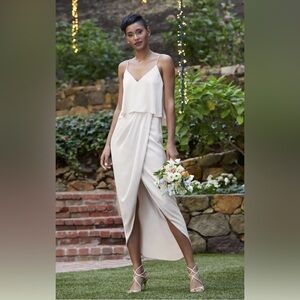 NWT Shona Joy Luxe Cocktail Tulip Hem Frill Dress in Champagne, size 6